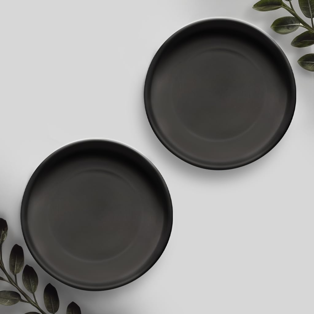 Heavy Duty Ceramic Black Plant Saucer - with Silicone Feet for Added Surface Protection - Scratch-Resistant Plant Drip Trays for Pots 8.3" at the Base or Less, Plant Plate, 7-8 Inch Plant Saucer