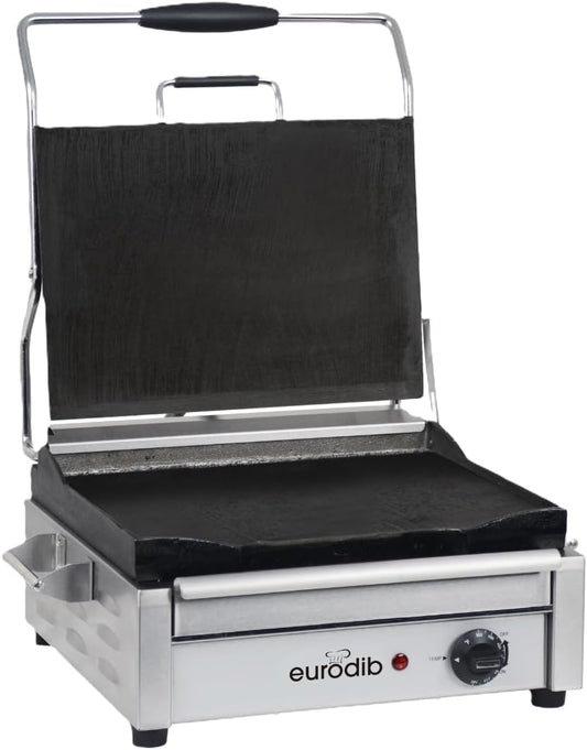 Eurodib Commercial Panini Grill, Flat Plates, 1800W Electric – SFE02340120 | Smooth flat plates, dual heating elements to 572°F, self-balancing hinged top plate, easy-clean removable tray