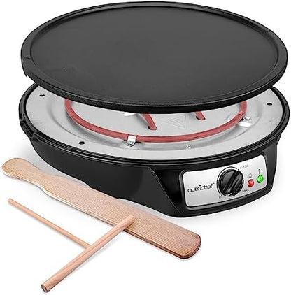 NutriChef Electric Crepe Maker, Cooks Roti, Tortillas, Pancakes, Nonstick Cooktop, 8-inch Cook Area On/Off Switch, Automatic Temperature Control & Cool Touch Handle, Includes Food Bowl, Whisk, Spatula