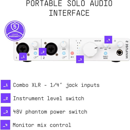 Arturia MINIFUSE2WH Minifuse2 Compact USB Interface White | White, 2 inputs, USB-C audio interface, 24-bit/192kHz, Preamps, Software bundle