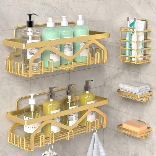 Coraje Adhesive Shower Caddy, 5-Pack Shower Shelves, Large Capacity Load Bearing 40 LBS Shower Organizer, No Drilling Shower Shelf, Rustproof Stainless Steel Bathroom Shower Storage, Black