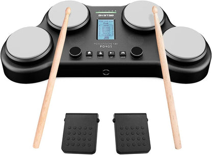 PD405 Tabletop Electric Drum Set with 70 Electronic and Acoustic Drum Kit Sounds, Built-in Speaker, 4 Pads, 2 Pedals and Drum Sticks, Ideal Gift for Teens and Adult Beginners
