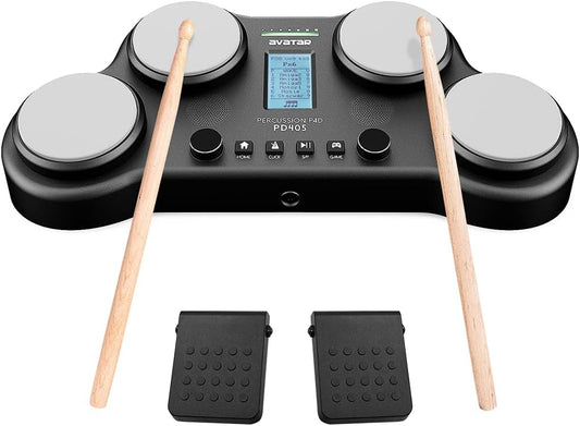 PD405 Tabletop Electric Drum Set with 70 Electronic and Acoustic Drum Kit Sounds, Built-in Speaker, 4 Pads, 2 Pedals and Drum Sticks, Ideal Gift for Teens and Adult Beginners