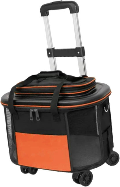 Cat Carrier with Wheels, Dog Travel Crate with Telescopic Handle, Portable Large Rolling Pet Carrier for Walking Hiking(Orange)