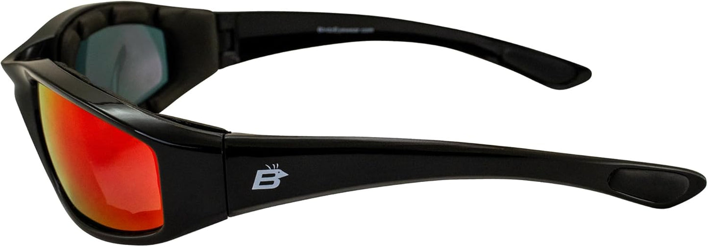 Birdz Eyewear Oriole Padded Motorcycle Riding Sunglasses Gloss Black Frames Red G-Tech Reflective Lenses