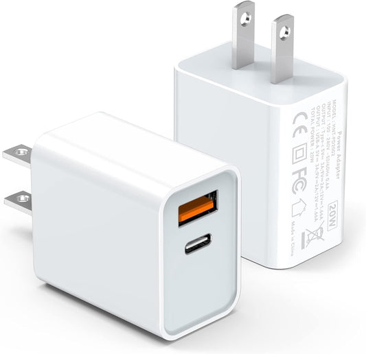 USB C Wall Charger Block 20W, 2-Pack Dual Port PD Power Delivery Fast Type C Charging Block Plug Compatible with iPhone 11/12/13/14/15/16/Pro Max, XS/XR/X Pro Samsung Galaxy