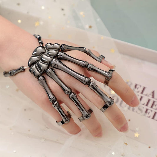 Skeleton Hand Bracelet with Ring Halloween Skull Bracelet Halloween Ghost Claw Bangle Ornament Flexible Alloy Skull Wristband for Party Cosplay 1PC - PuriLite