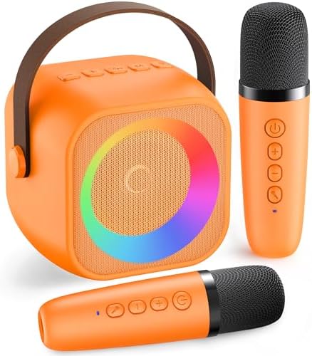 Mini Karaoke Machine for Kids Adults：Portable Bluetooth Karaoke Speaker with 2 Wireless Microphones and Lights for Home Party, Christmas Birthday Gifts for 4-12+ Years Old Girls Boys(Yellow)