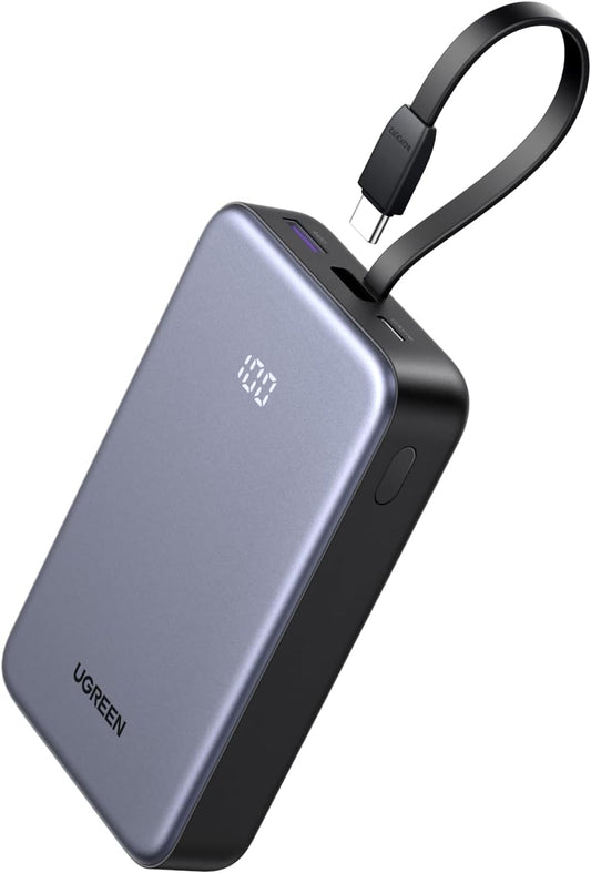 UGREEN 20000mAh 22.5W Power Bank with Built in Cable, USB Type C Portable Charger Battery Pack 3 Output with LED Display Compatible with iPhone 16 15 Pro Max, Galaxy S24 S23, Pixel 8 Pro Series