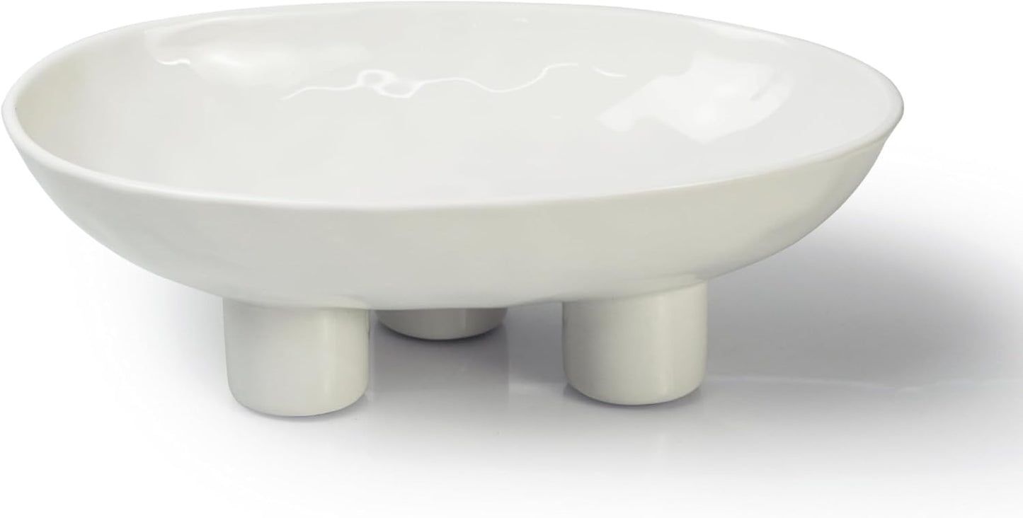 Three-Leg Ceramic Fruit Bowl for Kitchen Counter, 25 cm Oval Decorative Bowl for Fruit, Candy, and Keys, Modern High-Gloss Ceramic Serving Bowl, White - PuriLite