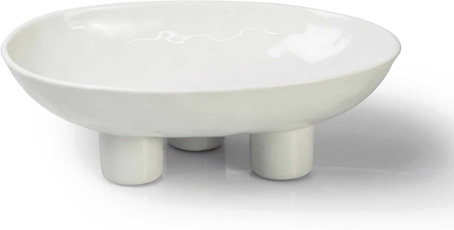 Three-Leg Ceramic Fruit Bowl for Kitchen Counter, 25 cm Oval Decorative Bowl for Fruit, Candy, and Keys, Modern High-Gloss Ceramic Serving Bowl, White - PuriLite