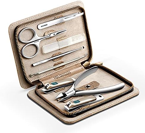 Manicure Set 8 in 1,Professional Pedicure kit,Stainless Steel Manicure Kit,Portable Travel Grooming Kit Nail Care Tools,Nail Clippers Pedicure Tools with Leather Travel Case (green)