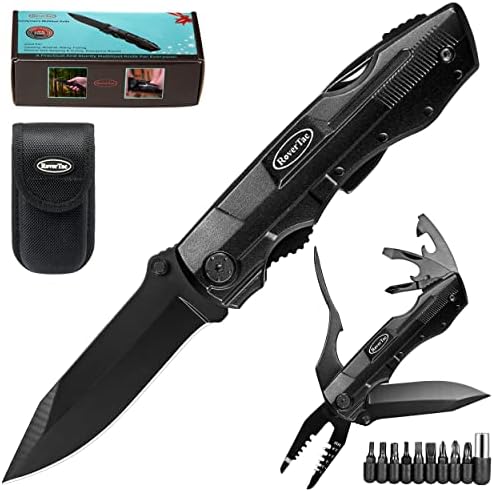 RoverTac Pocket Knife Tactical Folding Knife Multi Tool Survival Camping Knife, Multitool Knife Pliers Bottle & Can Opener 9-Pack Screwdrivers Liner Lock Nylon Sheath, Pocket Knife for Camping Hiking
