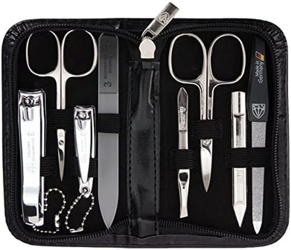 3 Swords Germany - brand quality 8 piece manicure pedicure grooming kit set for professional finger & toe nail care scissors clipper fashion leather case camou in gift box, Made in Germany
