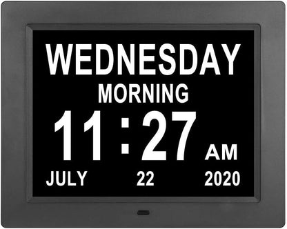 [2025 Newest] Digital Day Calendar Clocks 3 Medicine Reminders Extra Large 8 Inch Non-Abbreviated Day Date Month Dementia Senior Clock for Eldarly Memory Loss Vision Impaired Clock