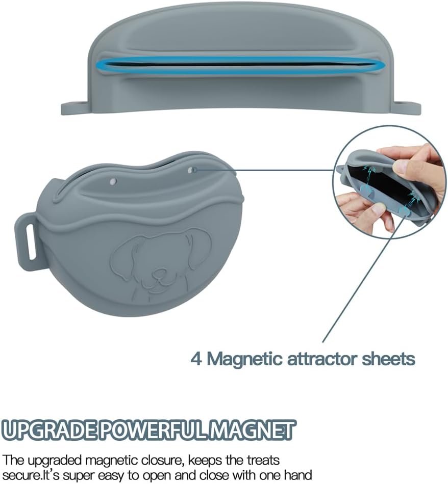 TUCANA Silicone Dog Treat Pouch for Pet Training – Upgraded 4 Strong Magnets Enhanced Magnetic Closure, Ease of Cleaning, Come with Adjustable Wasit Belt and Effective Dog Clicker (Grey)