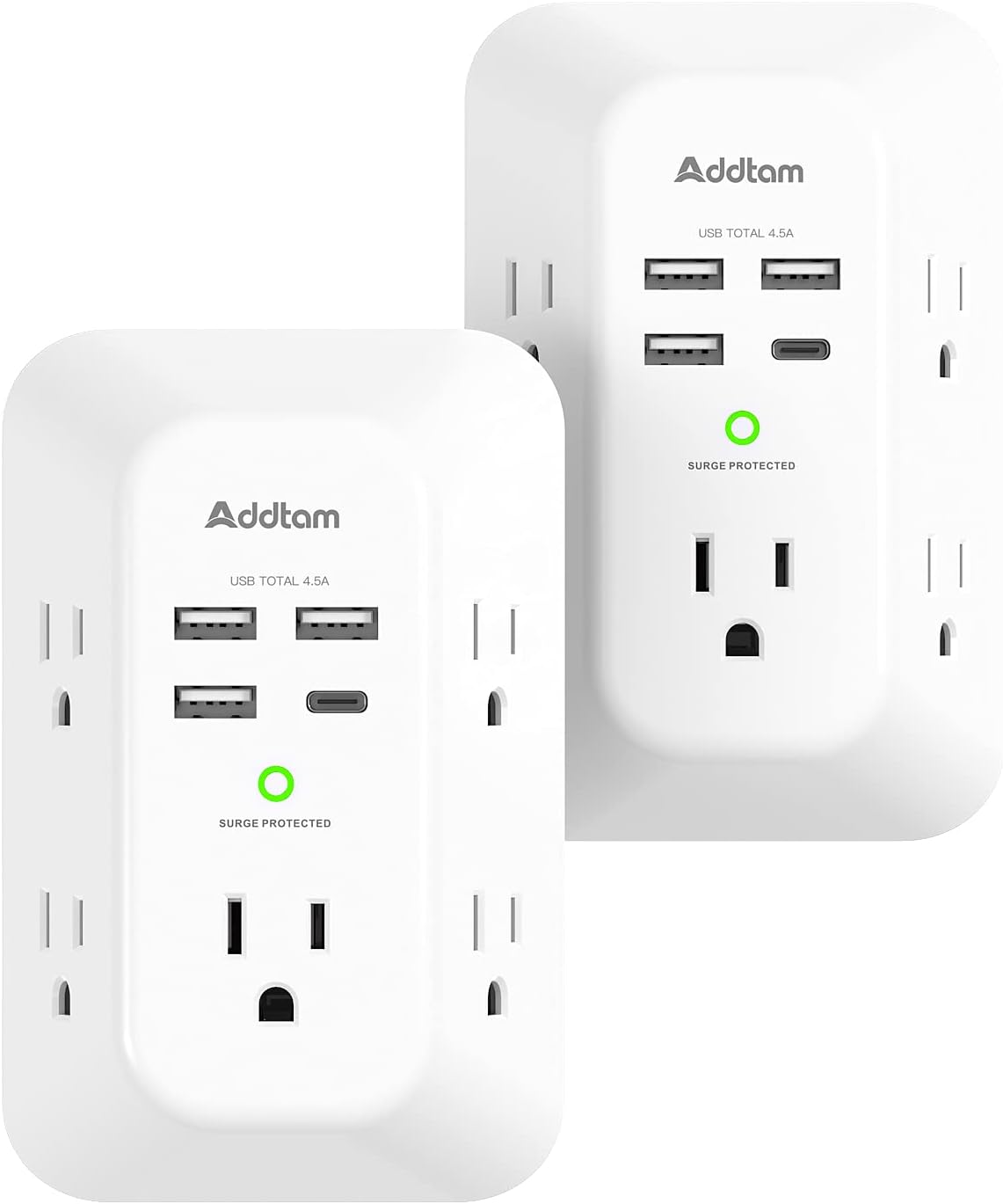 2 Pack Wall Outlet Extender Surge Protector with 5 AC Outlets and 4 USB Charging Ports, 3-Sided Multi Plug Adapter with USB-C, 1800J Power Strip for Home, Office, and Travel - PuriLite