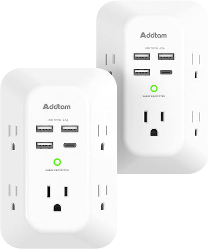 2 Pack Wall Outlet Extender Surge Protector with 5 AC Outlets and 4 USB Charging Ports, 3-Sided Multi Plug Adapter with USB-C, 1800J Power Strip for Home, Office, and Travel - PuriLite
