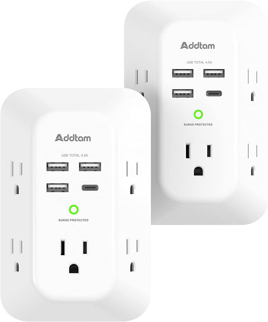 2 Pack Wall Outlet Extender Surge Protector with 5 AC Outlets and 4 USB Charging Ports, 3-Sided Multi Plug Adapter with USB-C, 1800J Power Strip for Home, Office, and Travel - PuriLite