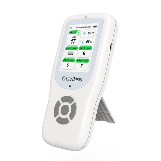 LifeBasis Air Quality Monitor Indoor, 10-in-1 Air Quality Detector with Stand, Real-Time Air Meter Test AQI, PM1.0, PM2.5, PM10, CO2, TVOC, HCHO, Particles, Temperature and Humidity with Alert -White
