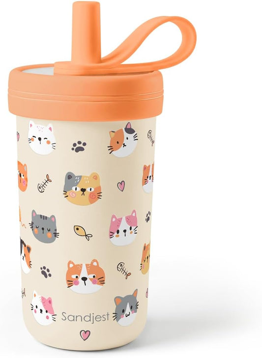 Kids Stainless Steel Tumbler with Silicone Straw 14oz, Cat Insulated Drinking Cup for Children, Girls, Boys for Back to School, Birthday