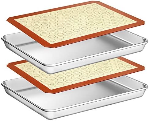 Wildone Baking Sheet with Silicone Mat Set, Set of 4 (2 Sheets + 2 Mats), Wildone Stainless Steel Cookie Sheet Baking Pan with Silicone Mat, Size 18 x 13 x 1 Inch, Non Toxic & Heavy Duty & Easy Clean