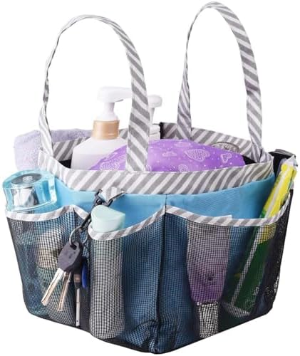 Mesh Shower Caddy Tote, Large College Dorm Bathroom Caddy Organizer with Key Hook and 2 Oxford Handles, Quick Hold, 8 Basket Pockets for Camp Gym