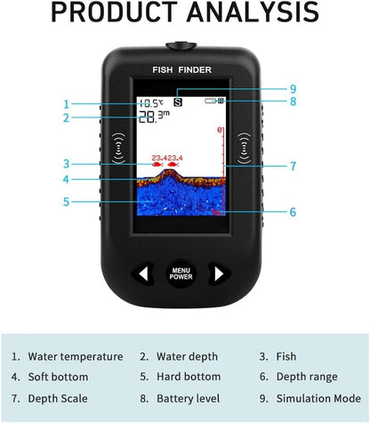 Uziurl Portable Fish Finder Water Depth Temperature Fishfinder with Wire Sonar Sensor Transducer for Fishing Black