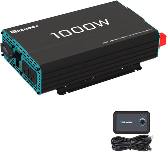 Renogy Pure Sine Wave Inverter 1000w Power Inverter DC 12v to AC 110v, Solar Inverter 12v to 110v Converter with 5V/2.1A USB Port, 2 AC Ports, Remote Controller