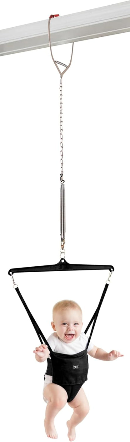 Jolly Jumper ICONIC Doorway Baby Jumper (Black), Indoor Exercise Saddle Seat, Adjustable Height, for Infants up to 28lbs, No Stand Required