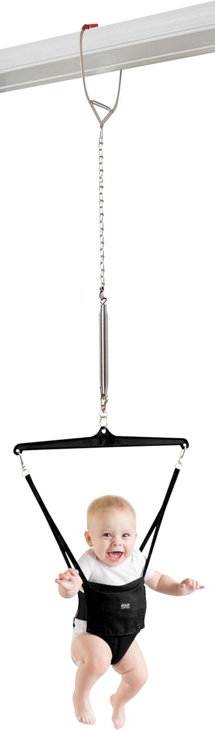 Jolly Jumper ICONIC Doorway Baby Jumper (Black), Indoor Exercise Saddle Seat, Adjustable Height, for Infants up to 28lbs, No Stand Required