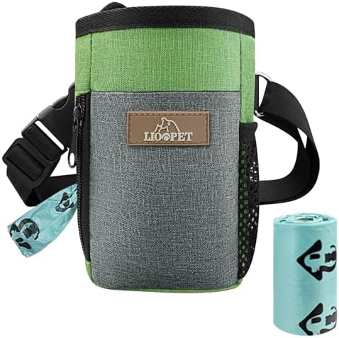 Upgraded Large-Sized Dog Treat Pouch with Waist Clip - Fashionable Green&Grey Design - Large Capacity Treat Bag for Dog Walks,Outdoor Activities, Travel and Training - Includes 1 Poop Bags
