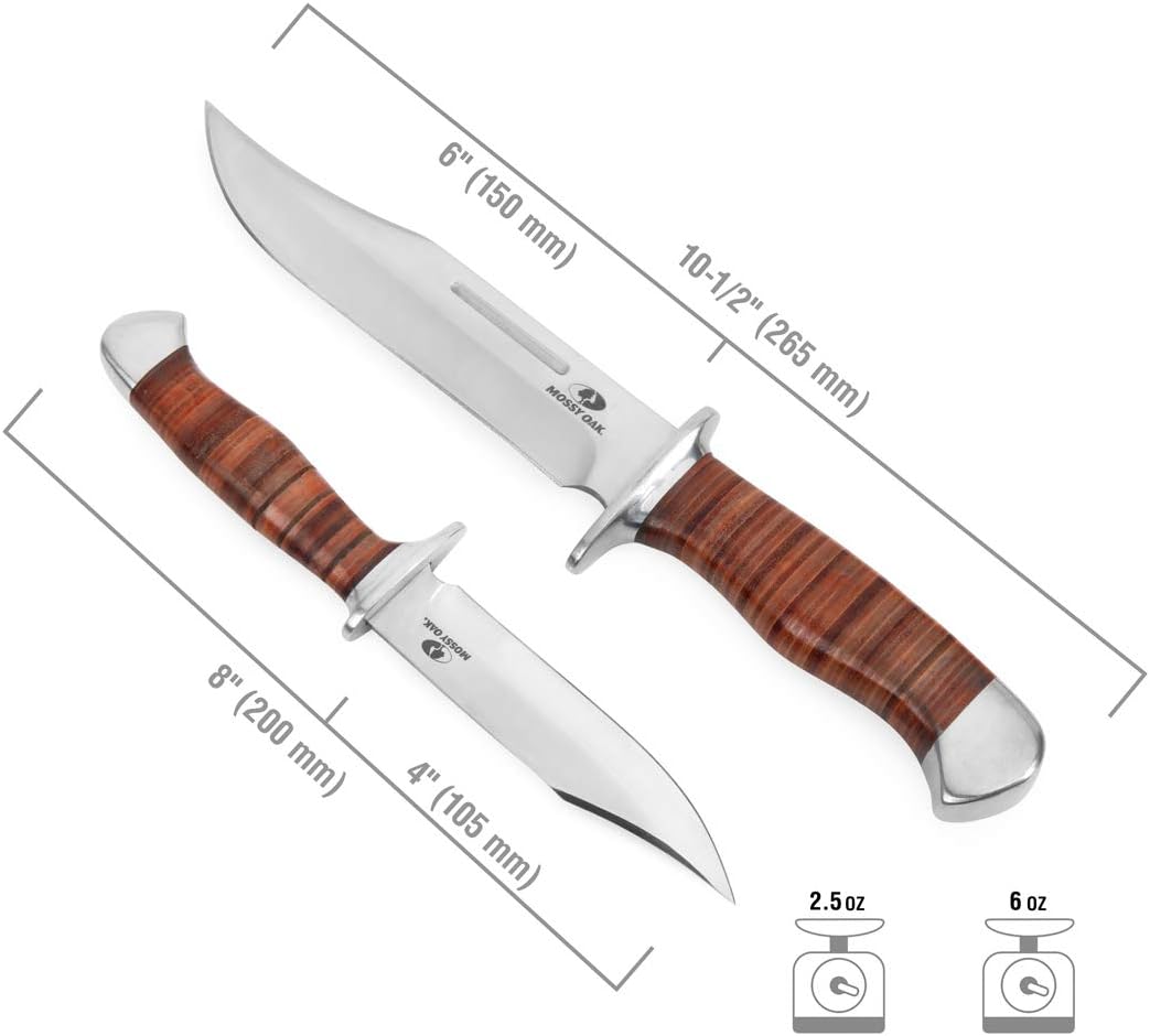 Mossy Oak 2-Piece Bowie Knife, Fixed Blade Hunting Buck Knife Set Leather Handle with Sheath