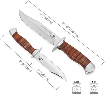 Mossy Oak 2-Piece Bowie Knife, Fixed Blade Hunting Buck Knife Set Leather Handle with Sheath