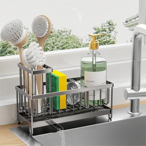 Cisily Sponge Holder for Kitchen Sink, Sink Caddy with High Brush Holder, Organzier Rustproof 304 Stainless Steel Dish Organizer Divider, Soap Dispenser Storage (Black)