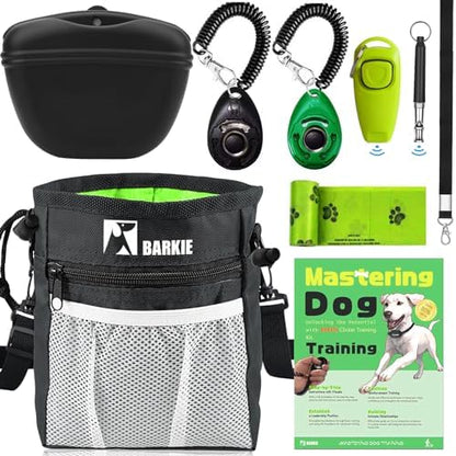 Dog Training Kit - Treat Pouch, Pet Training Fanny Pack, 2 Puppy Training Clickers, Ultrasonic Silent Whistle, 2-in-1 Whistle Clicker, Clicker Training Guide Booklet, Dog Poop Bag (Black)