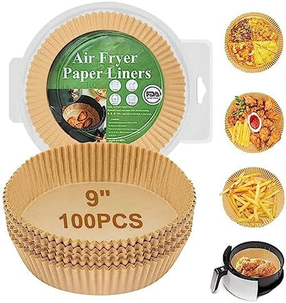 GOFFUGT Air Fryer Disposable Paper Liner,100PCS Round Airfryer Paper Liners,9" Natural Parchment Paper for Air Fryer Oil-Proof Water-Proof,Food Grade Parchment for AirFryer,Steamer,Microwave Etc