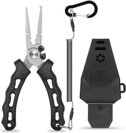 TRUSCEND Lockable Handy Fishing Pliers with Innovative Ergonomic Handle, Saltwater Corrosion Resistant Teflon Coated Fishing Tool, Multi-Function Fishing Gear with Mo-V Cutter, Amazing Fishing Gift