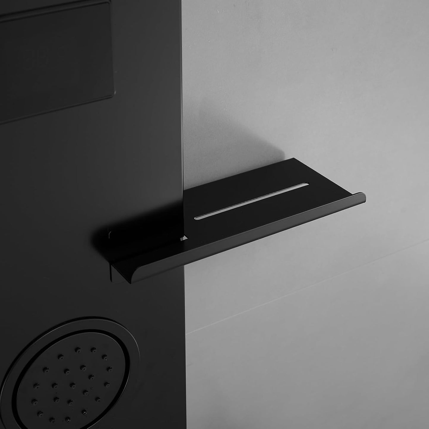 BATHLAVISH LED Black Shower Panels, Shower Tower with Storage Shelf 304 Stainless Steel System with Rainfall Shower Head with Handheld Massage Body Jets Bathroom Matte Black Waterfall Bathtub