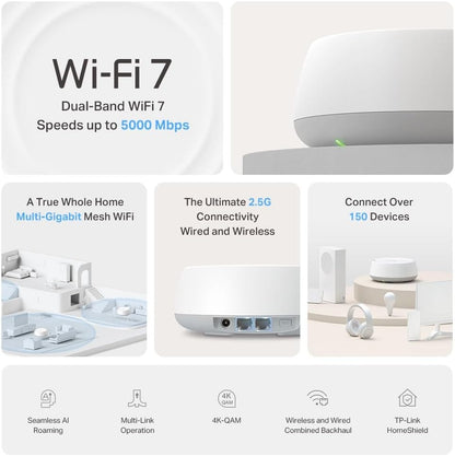 TP-Link Deco BE5000 Dual-Band WiFi 7 Mesh System (Deco BE25) – Supports 150+ Devices, 5GHz/2.4GHz, 2.5Gbps Ports, MLO, 4K-QAM, HomeShield Security, Universal Compatibility (3-Pack)