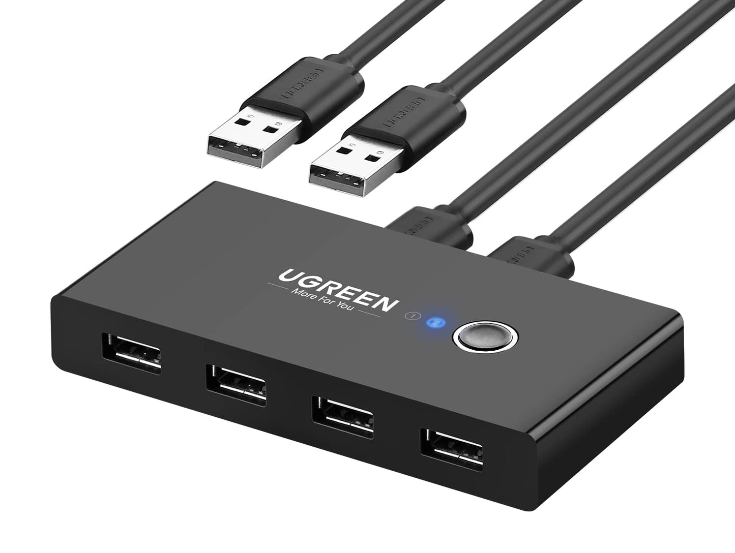 UGREEN USB 2.0 Switch Selector 2 Computers Sharing 4 Peripheral Devices, Switcher Box Hub for Mouse, Keyboard, Scanner, Printer, PCs with One-Button Swapping and 2 Pack USB A to A Cable