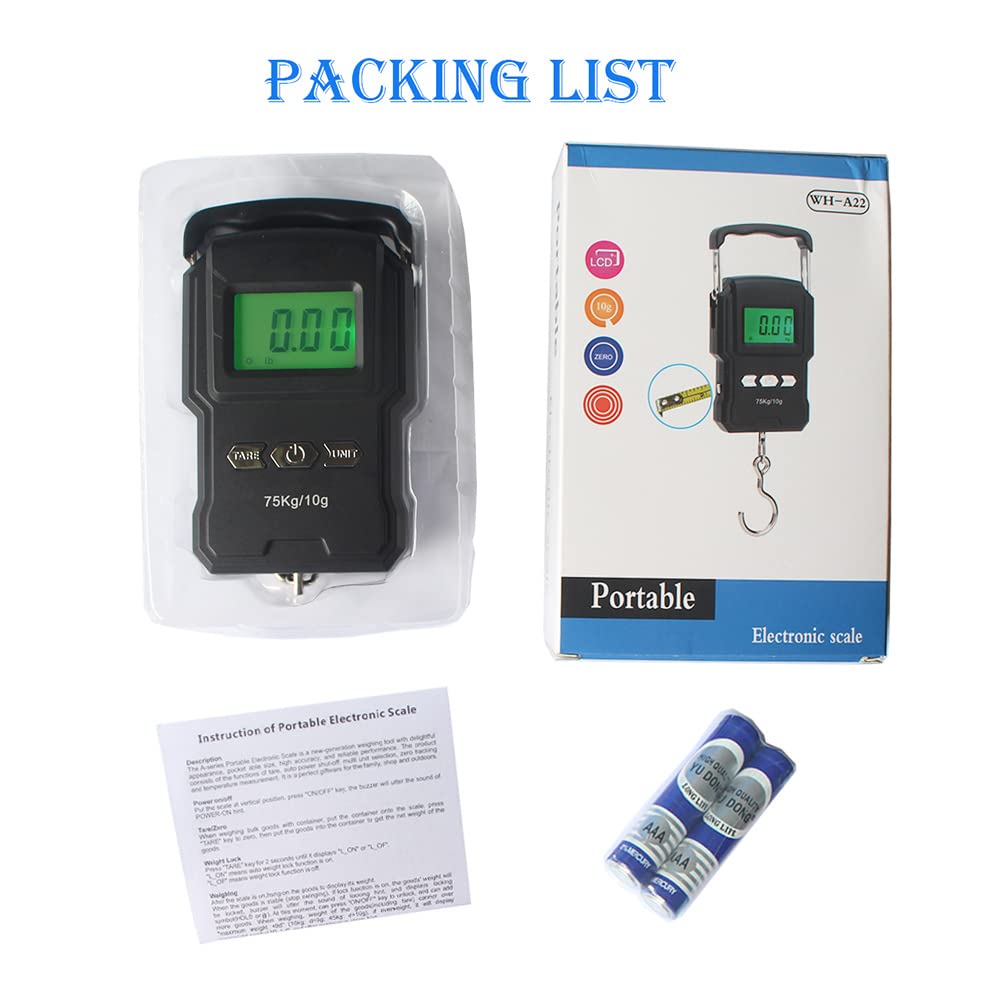 YAGSUW Portable Electronic Hook Scale Digital Hanging Bag Luggage Weight Scale Fishing Scale with Measuring Tape 165Lb Black