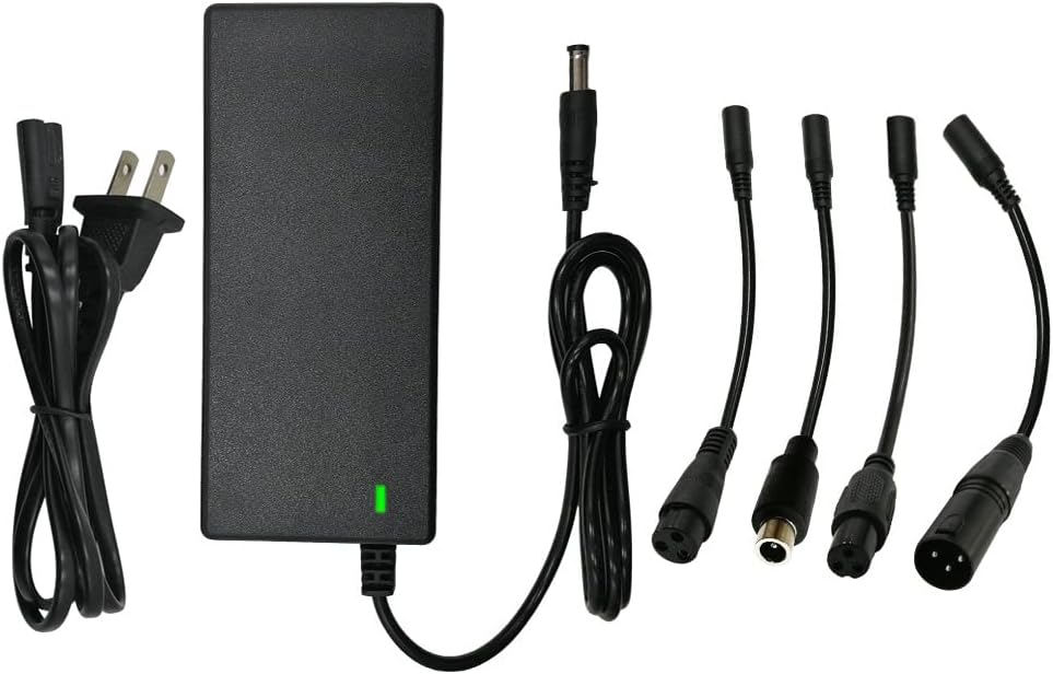 Wanhirus 42V 2A Scooter Charger 5 Plugs Universal for 36V Lithium Battery, Pack DC 5.5 * 2.1 with 8mm 3 Prong Connector /12mm 3 Prong Connector /8mm RCA Connector/ 3-Pin Male XLR Connector