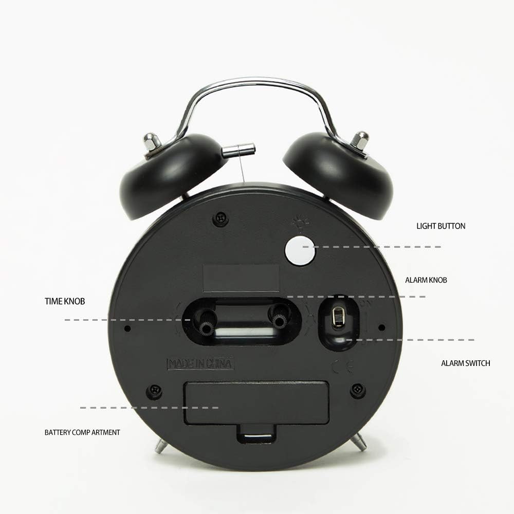 FLOITTUY (Loud Alarm for Deep Sleepers) 4'' Twin Bell Alarm Clock with Backlight for Bedroom and Home Decoration(Black)