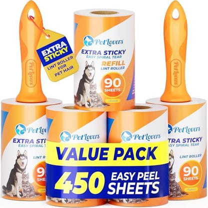 PetLovers Extra Sticky Lint Roller Mega Value Set for Pet Hair Removal, Dog and Cat Lint Remover (1 Pack Reusable)