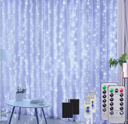 2 Pack Fairy Curtain Lights, Total 600 LED USB Plug in 8 Modes 9.8x9.8Ft Christmas String Hanging Lights with Remote for Bedroom, Indoor, Outdoor, Weddings, Party, Wall, Decorations, Warm White