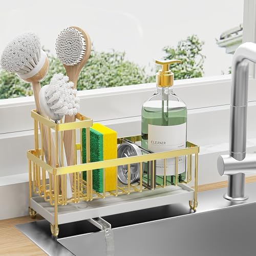 Cisily Sponge Holder for Kitchen Sink, Sink Caddy with High Brush Holder, Organzier Rustproof 304 Stainless Steel Dish Organizer Divider, Soap Dispenser Storage (Black)