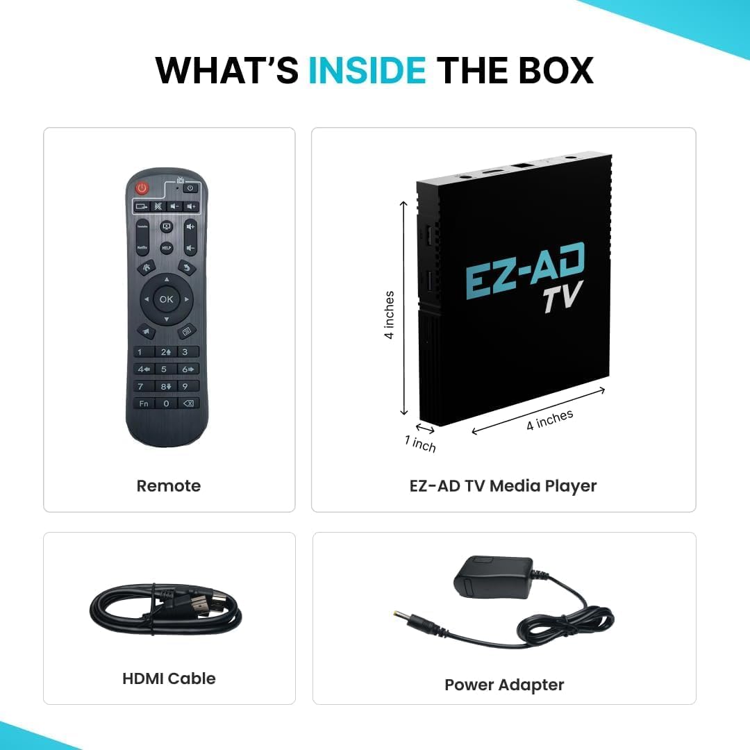 EZ-AD TV Digital Signage Player, Digital Signage 4k Player Kit, Auto-Post Content, Cloud-Controlled, Add Your PowerPoint Presentation, Free Plan & Mobile App, Thousands of Templates