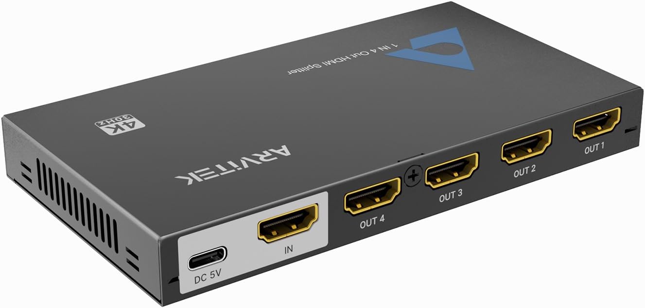 HDMI Splitter 1 in 4 Out,Arvitek 1x4 HDMI Splitter,4K@30Hz,Duplicates 1 Source to 4 Displays Simultaneously,for Laptop/Xbox/PS4/TV/Monitor,Metal Housing,Plug & Play (Mirror Only)