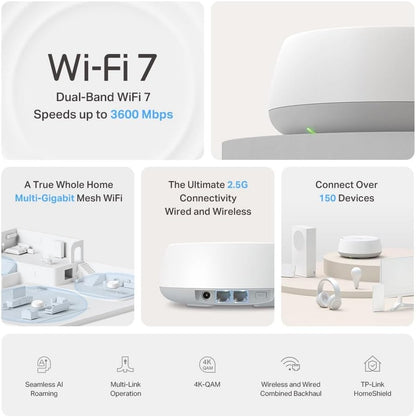 TP-Link Deco BE5000 Dual-Band WiFi 7 Mesh System (Deco BE25) – Supports 150+ Devices, 5GHz/2.4GHz, 2.5Gbps Ports, MLO, 4K-QAM, HomeShield Security, Universal Compatibility (3-Pack)